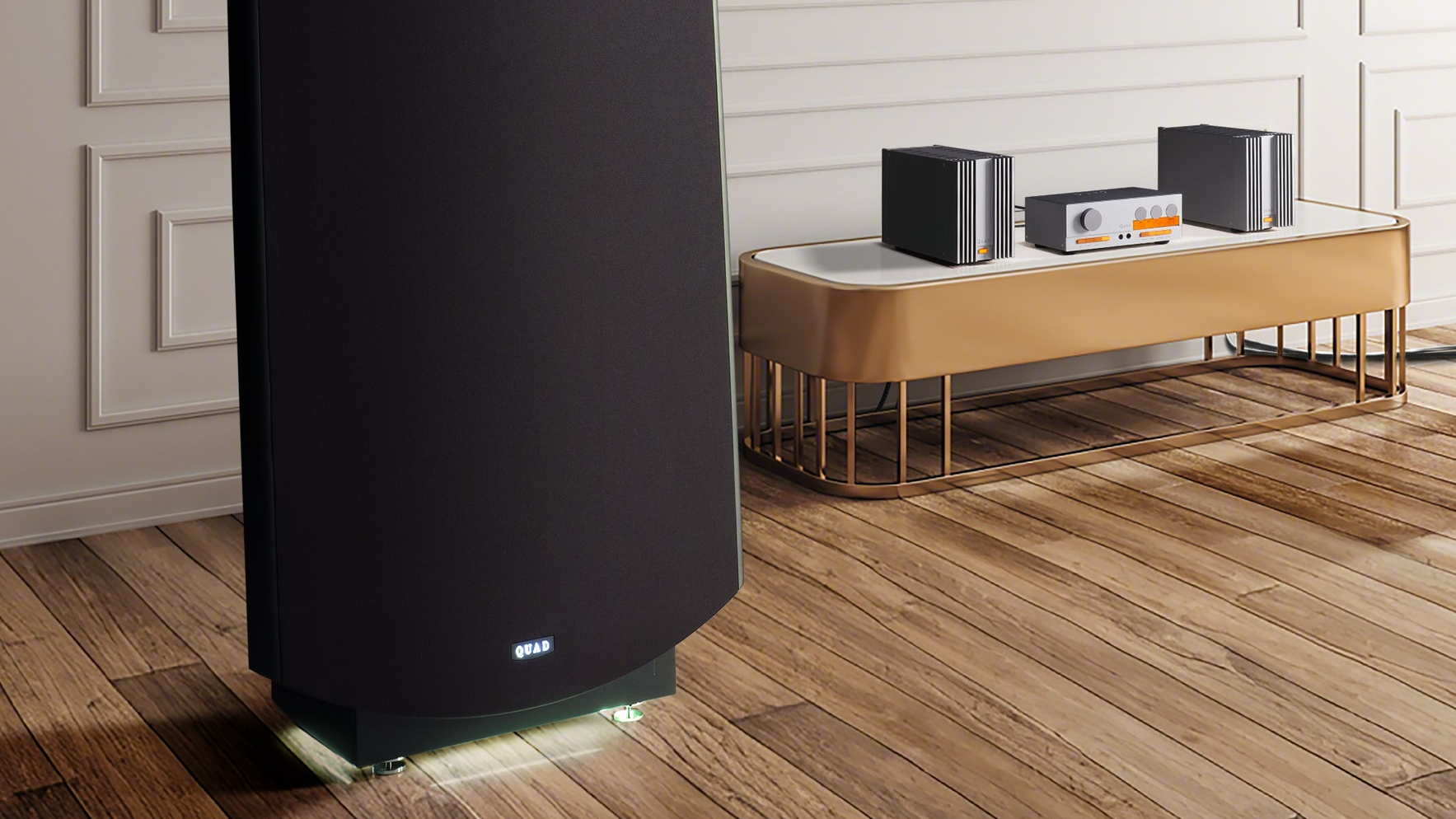 close-up shot of Quad ESL speaker and table setup