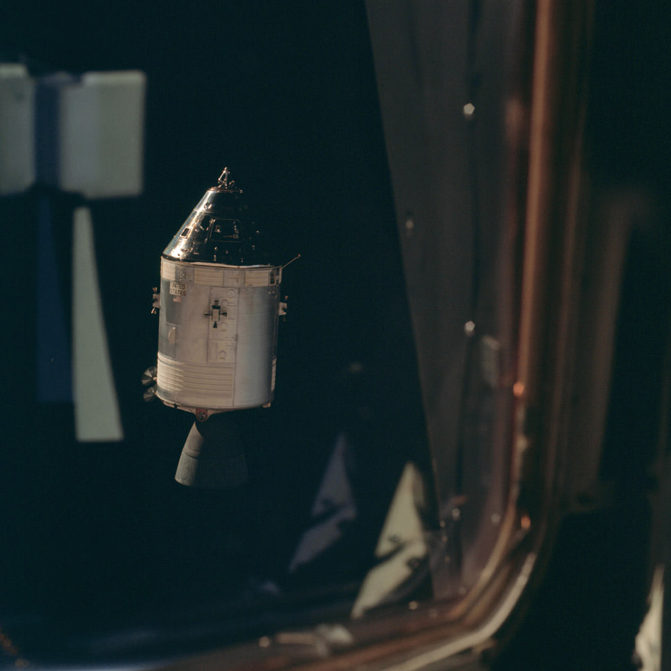 The Command Service Module (callsign: Gumdrop) seen from the Lunar Module.