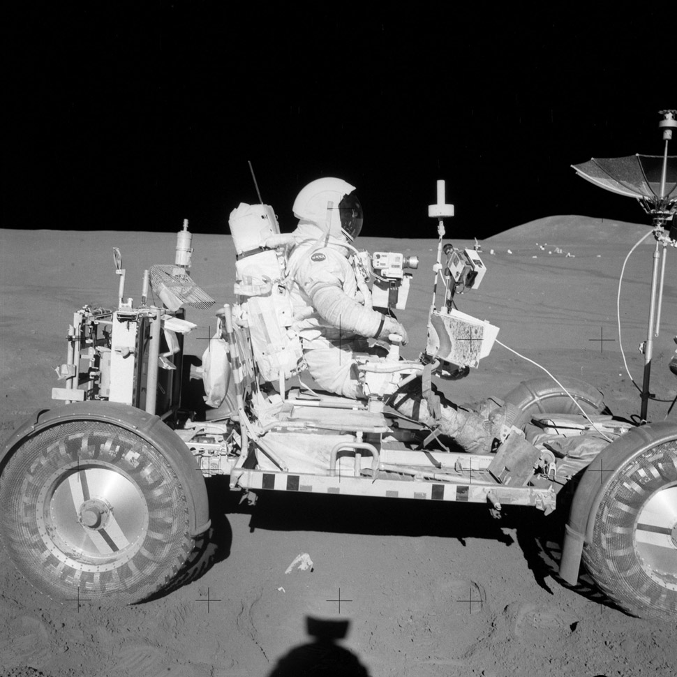Dave Scott on the Lunar Roving Vehicle (LRV). The LRV had one horsepower, a top speed of eight MPH and a range of six miles but it did just the trick.