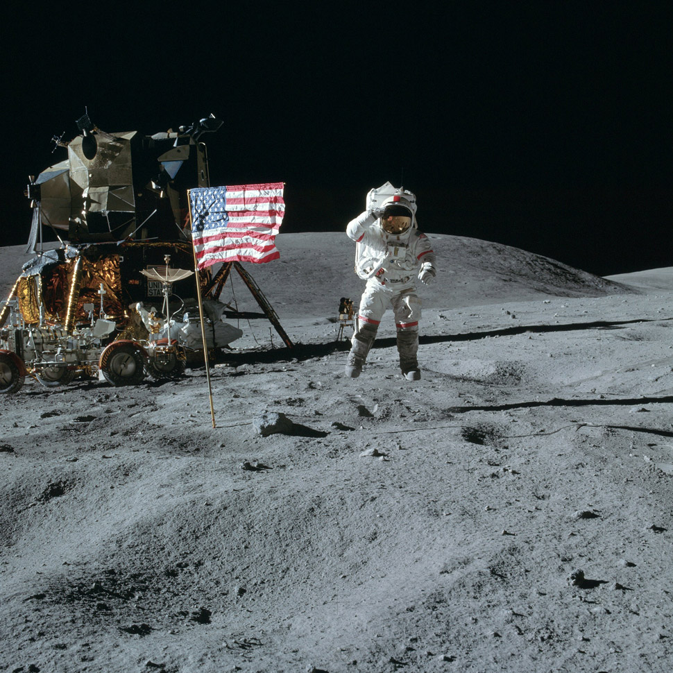 By the time Apollo 16 rolled around, John Young had to get pretty creative with his salute photo.