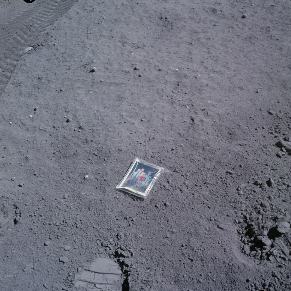 Lunar Module Pilot Charlie Duke left a small family portrait on the lunar surface.