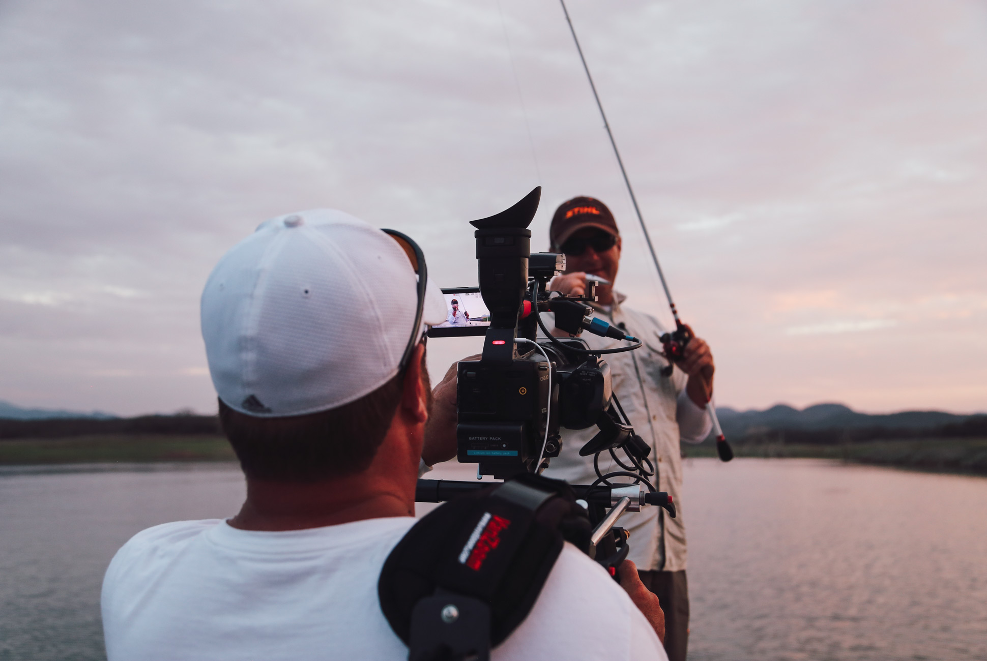 Producer, editor and cameraman Jim Kramer is constantly behind host Joe Thomas as he fishes, stalking the scene with his surprisingly small Sony XD camera on a shoulder mount.